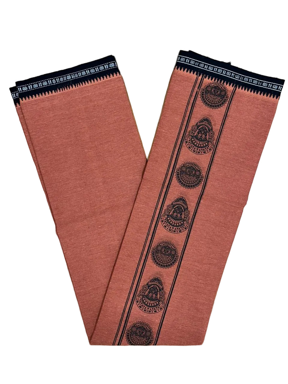Southloom Saffron (Kaavi) Black Printed Single Mundu / Lungi (South Indian Kerala Dhoti)