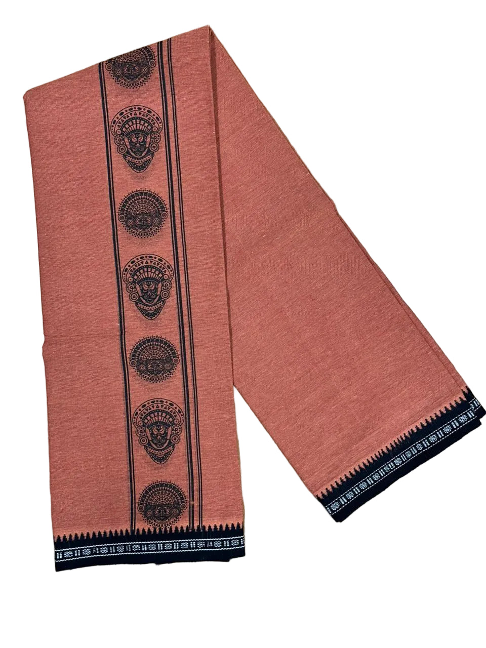 Southloom Saffron (Kaavi) Black Printed Single Mundu / Lungi (South Indian Kerala Dhoti)