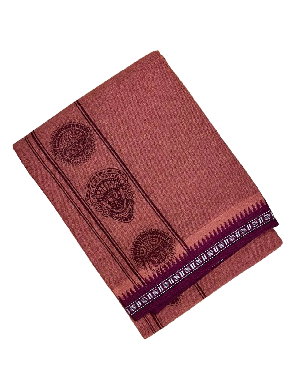 Southloom Saffron (Kaavi) Maroon Printed Single Mundu / Lungi (South Indian Kerala Dhoti)