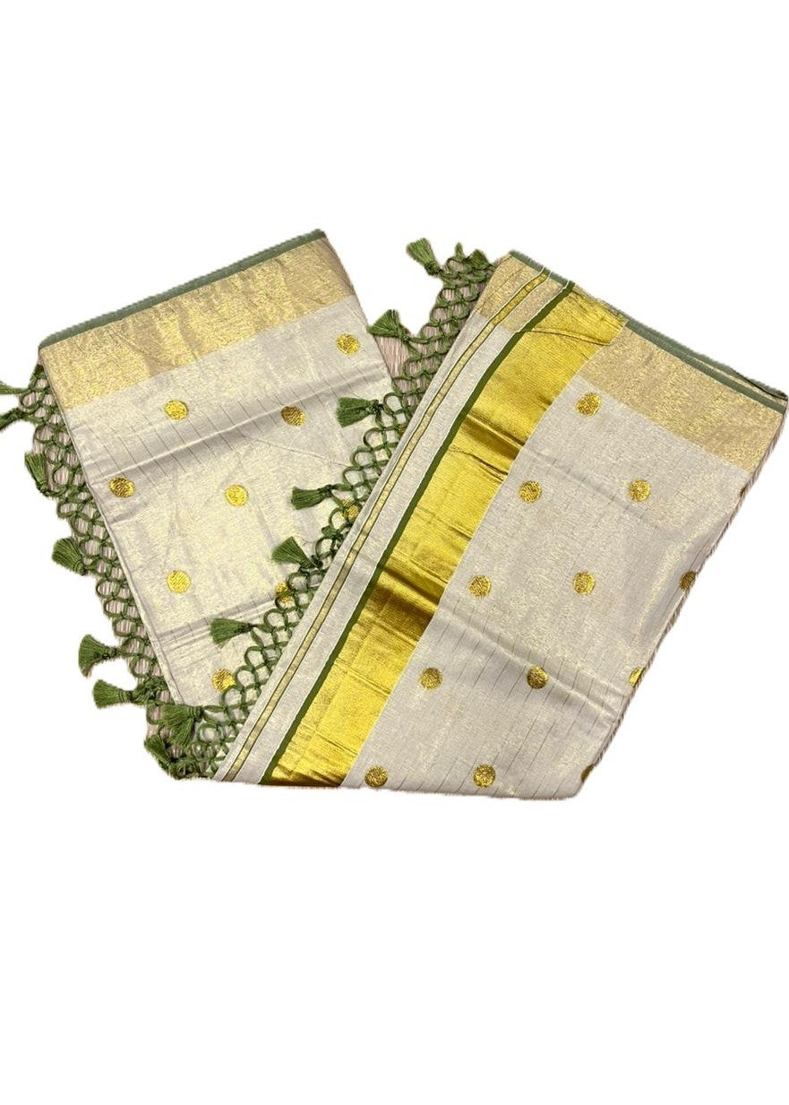 Southloom Kerala Tissue Kasavu Saree with Gold Polka Embroidery Works on Body in Olive Green