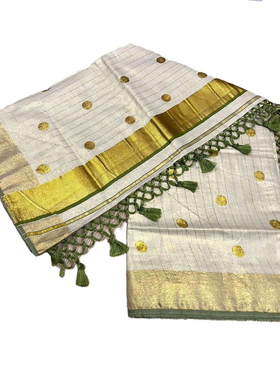 Southloom Kerala Tissue Kasavu Saree with Gold Polka Embroidery Works on Body in Olive Green