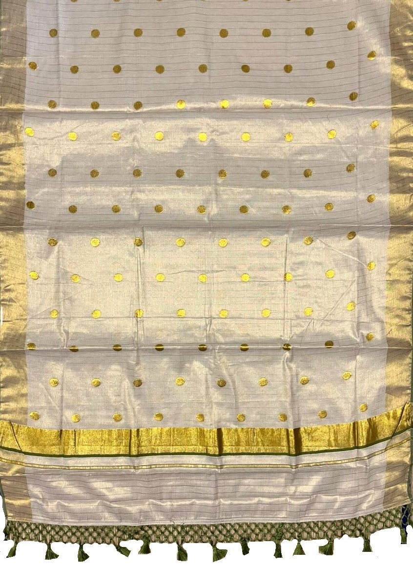 Southloom Kerala Tissue Kasavu Saree with Gold Polka Embroidery Works on Body in Olive Green