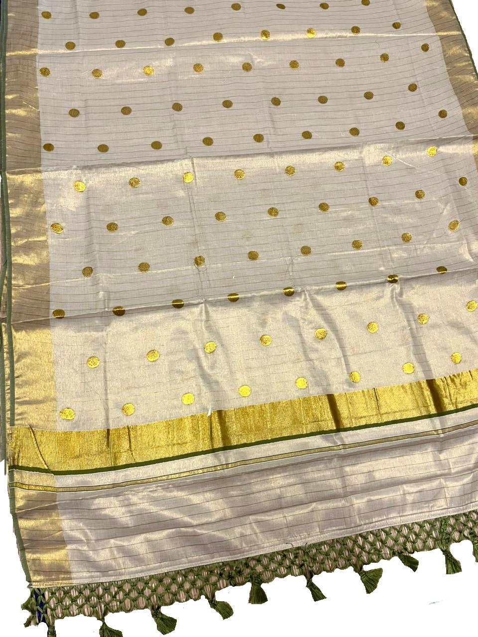 Southloom Kerala Tissue Kasavu Saree with Gold Polka Embroidery Works on Body in Olive Green