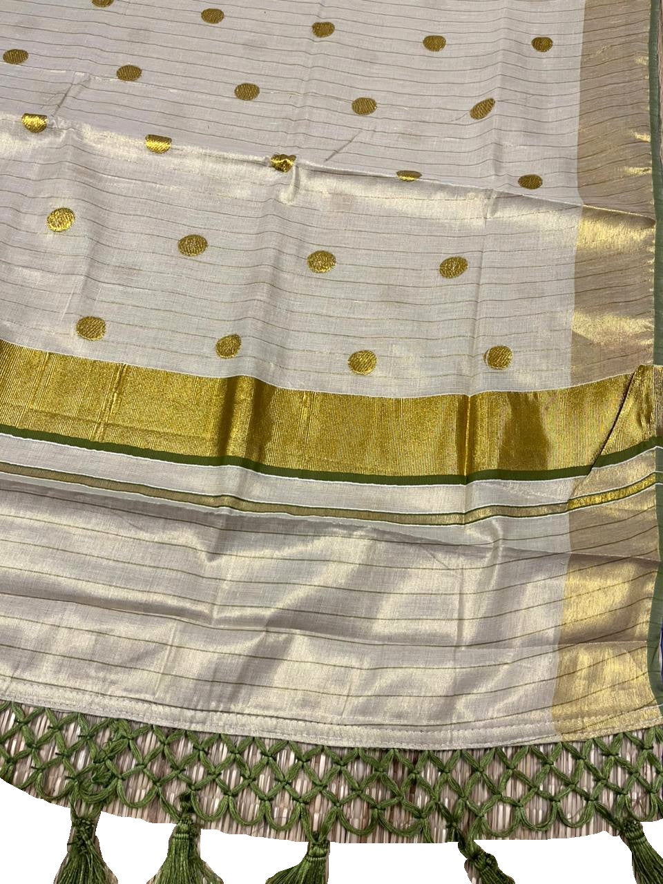 Southloom Kerala Tissue Kasavu Saree with Gold Polka Embroidery Works on Body in Olive Green