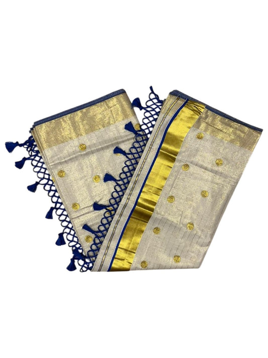 Southloom Kerala Tissue Kasavu Saree with Gold Polka Embroidery Works on Body in Blue