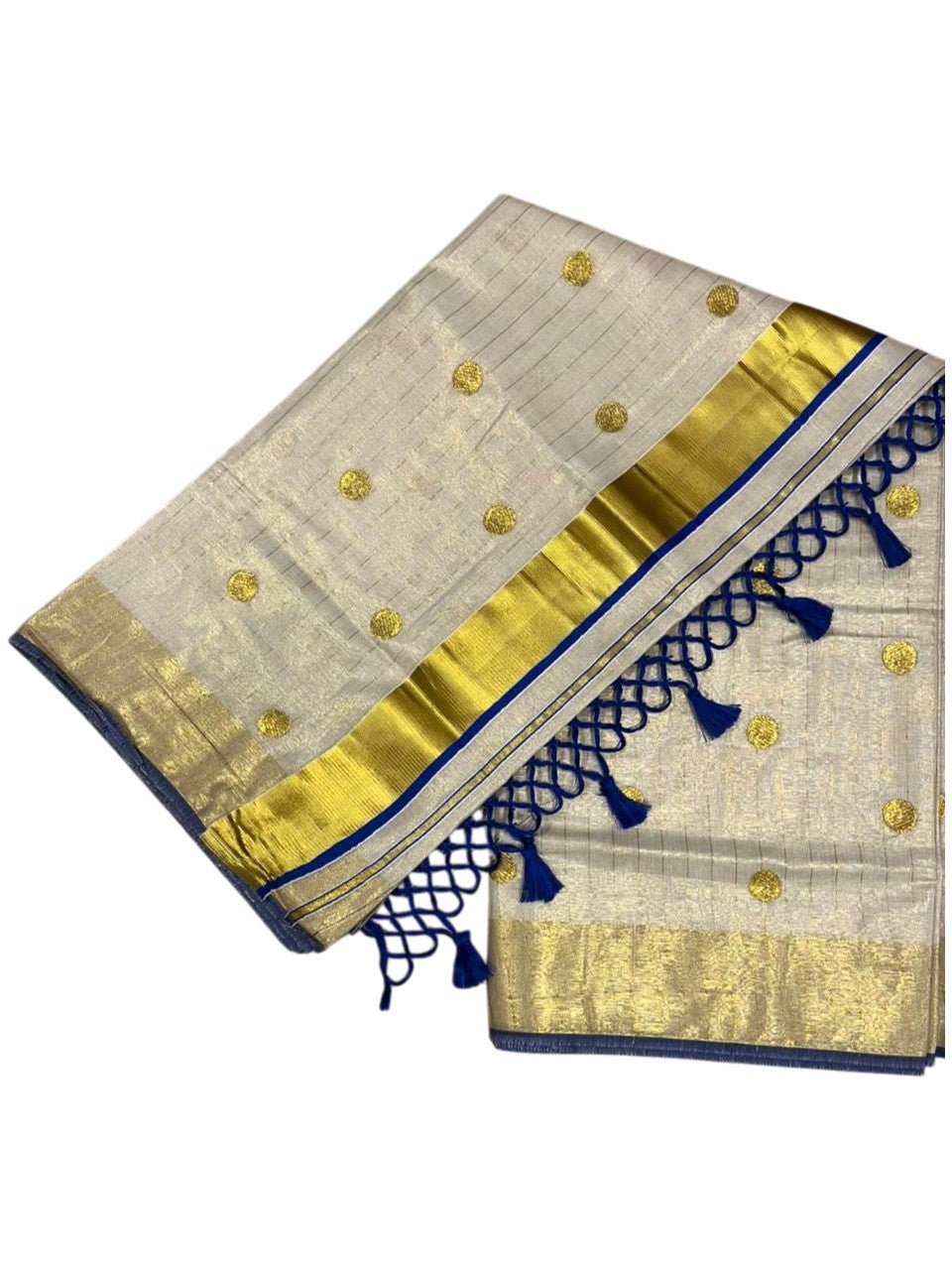 Southloom Kerala Tissue Kasavu Saree with Gold Polka Embroidery Works on Body in Blue