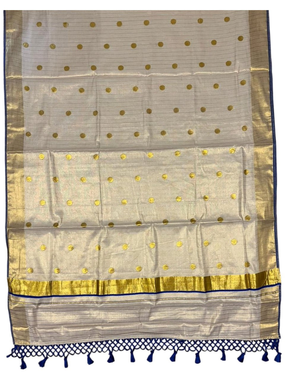 Southloom Kerala Tissue Kasavu Saree with Gold Polka Embroidery Works on Body in Blue