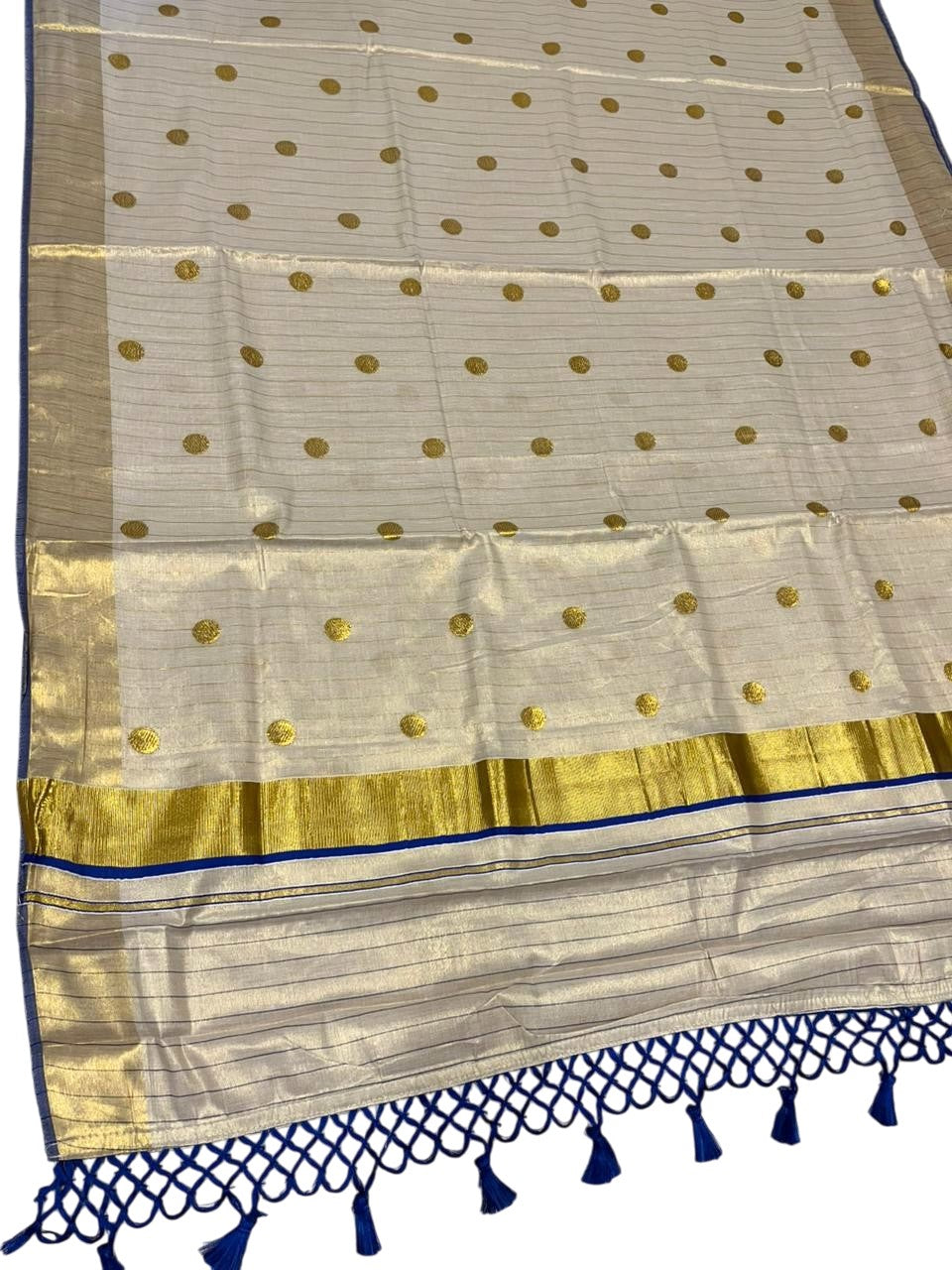 Southloom Kerala Tissue Kasavu Saree with Gold Polka Embroidery Works on Body in Blue