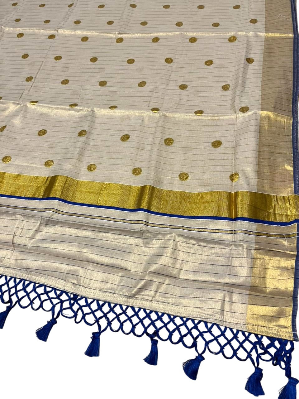 Southloom Kerala Tissue Kasavu Saree with Gold Polka Embroidery Works on Body in Blue