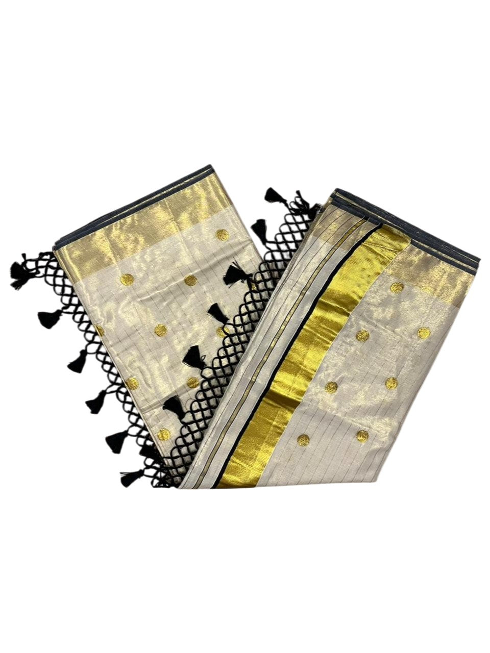 Southloom Kerala Tissue Kasavu Saree with Gold Polka Embroidery Works on Body in Black