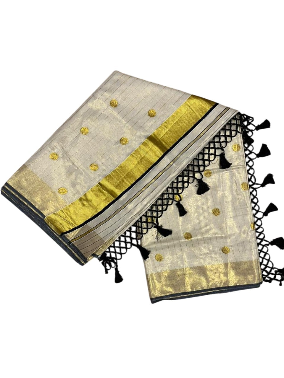 Southloom Kerala Tissue Kasavu Saree with Gold Polka Embroidery Works on Body in Black