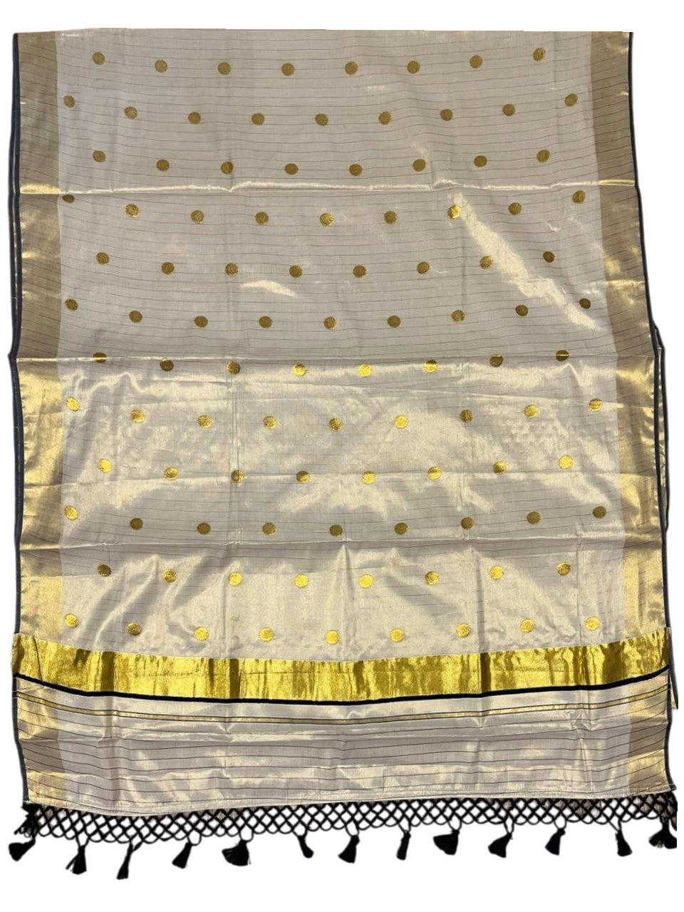 Southloom Kerala Tissue Kasavu Saree with Gold Polka Embroidery Works on Body in Black
