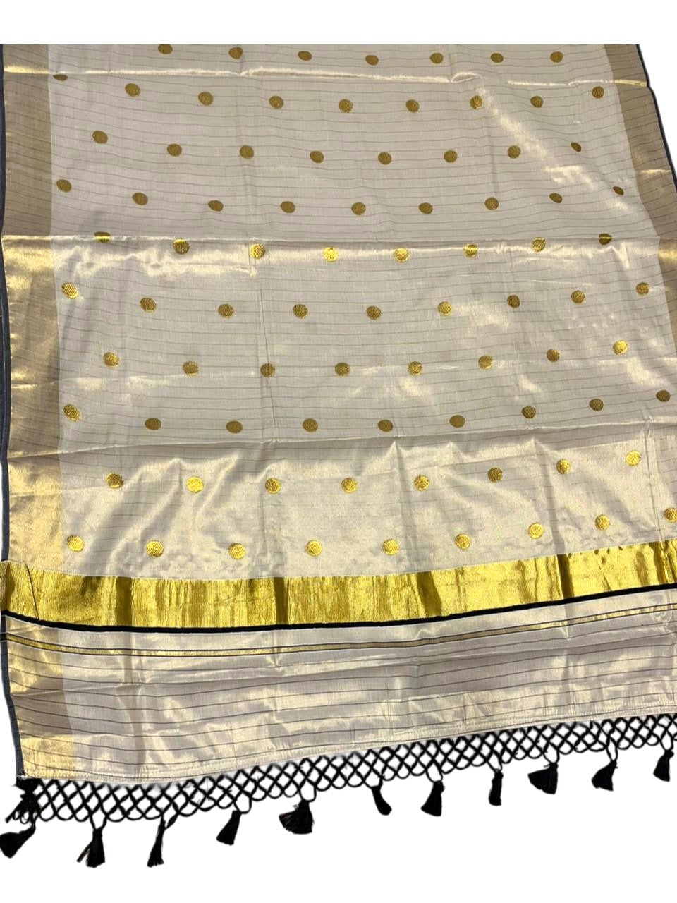 Southloom Kerala Tissue Kasavu Saree with Gold Polka Embroidery Works on Body in Black