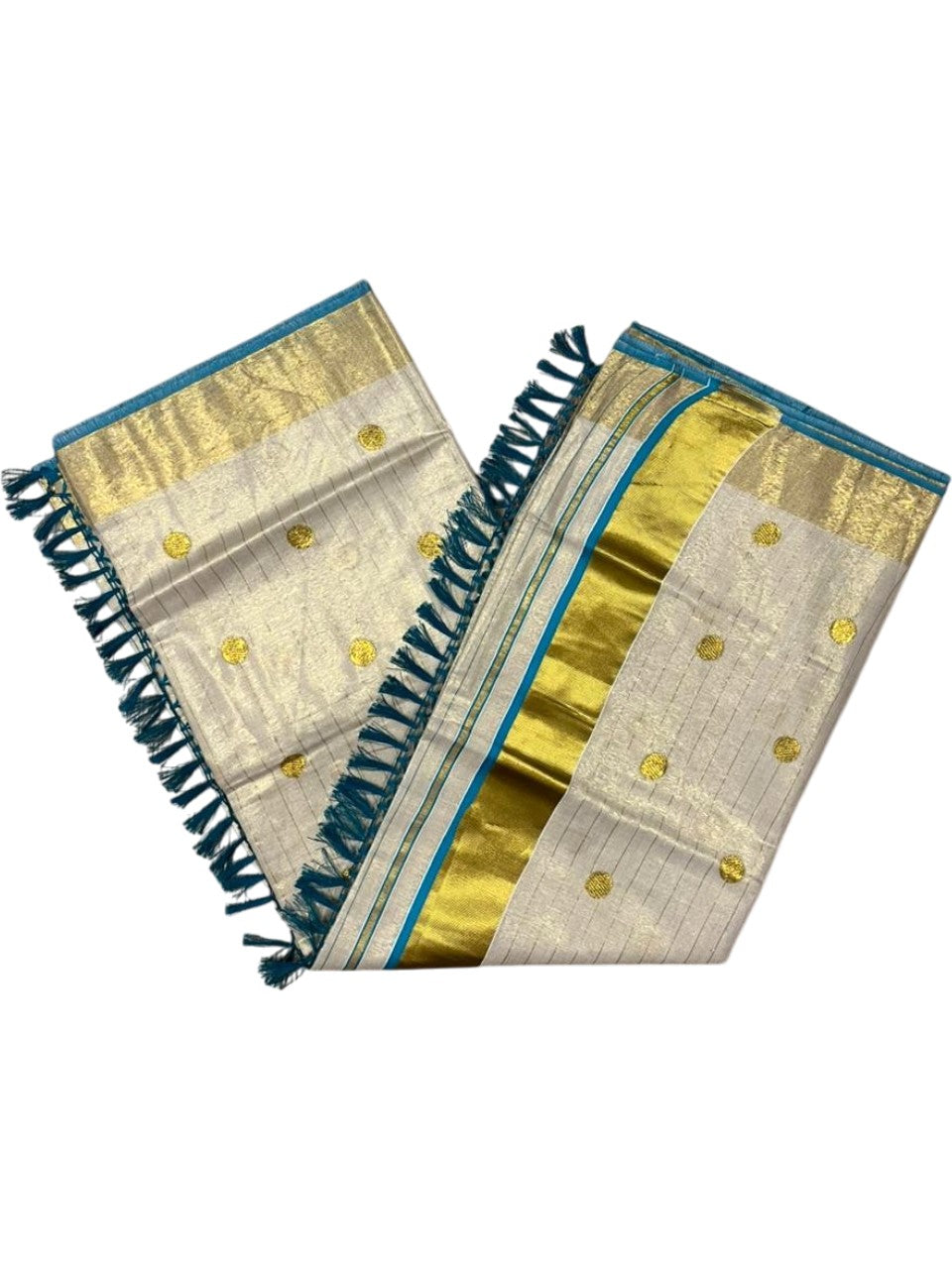Southloom Kerala Tissue Kasavu Saree with Gold Polka Embroidery Works on Body in Turquoise