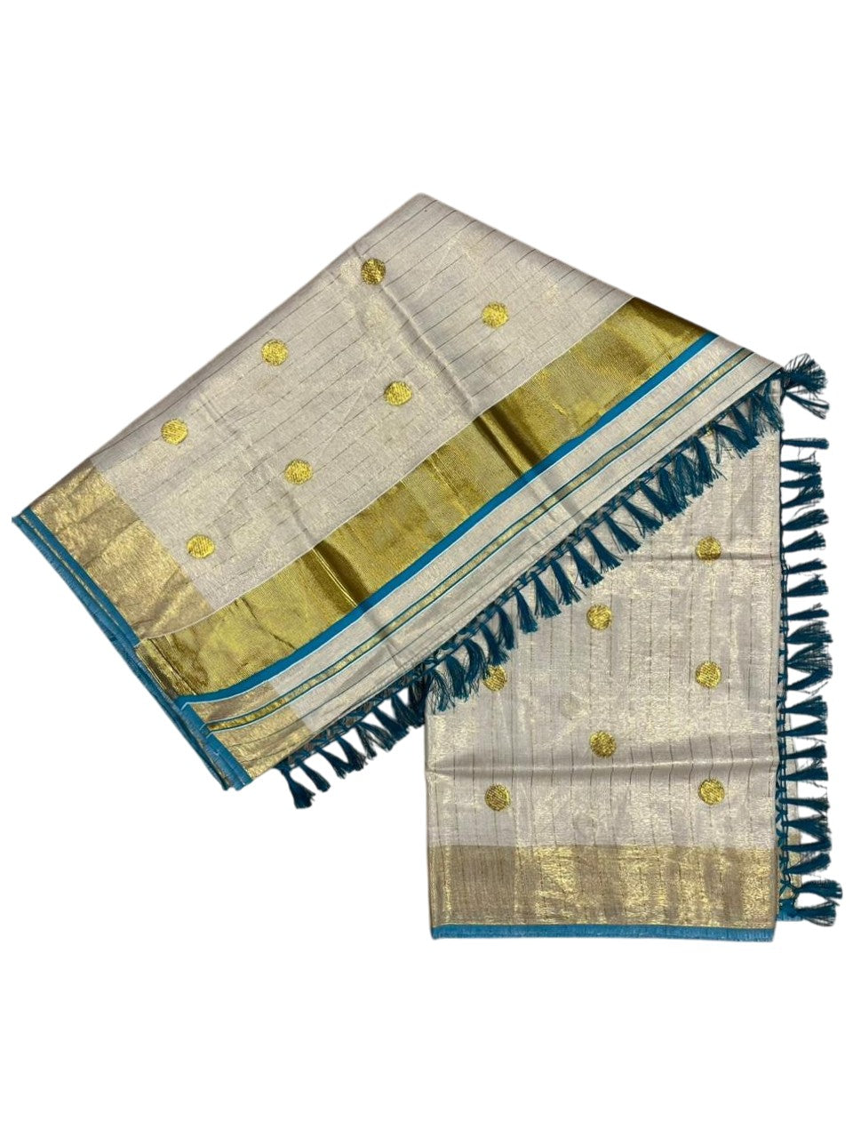 Southloom Kerala Tissue Kasavu Saree with Gold Polka Embroidery Works on Body in Turquoise