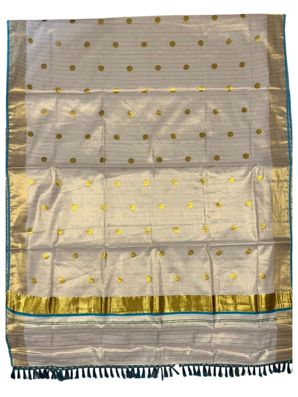 Southloom Kerala Tissue Kasavu Saree with Gold Polka Embroidery Works on Body in Turquoise