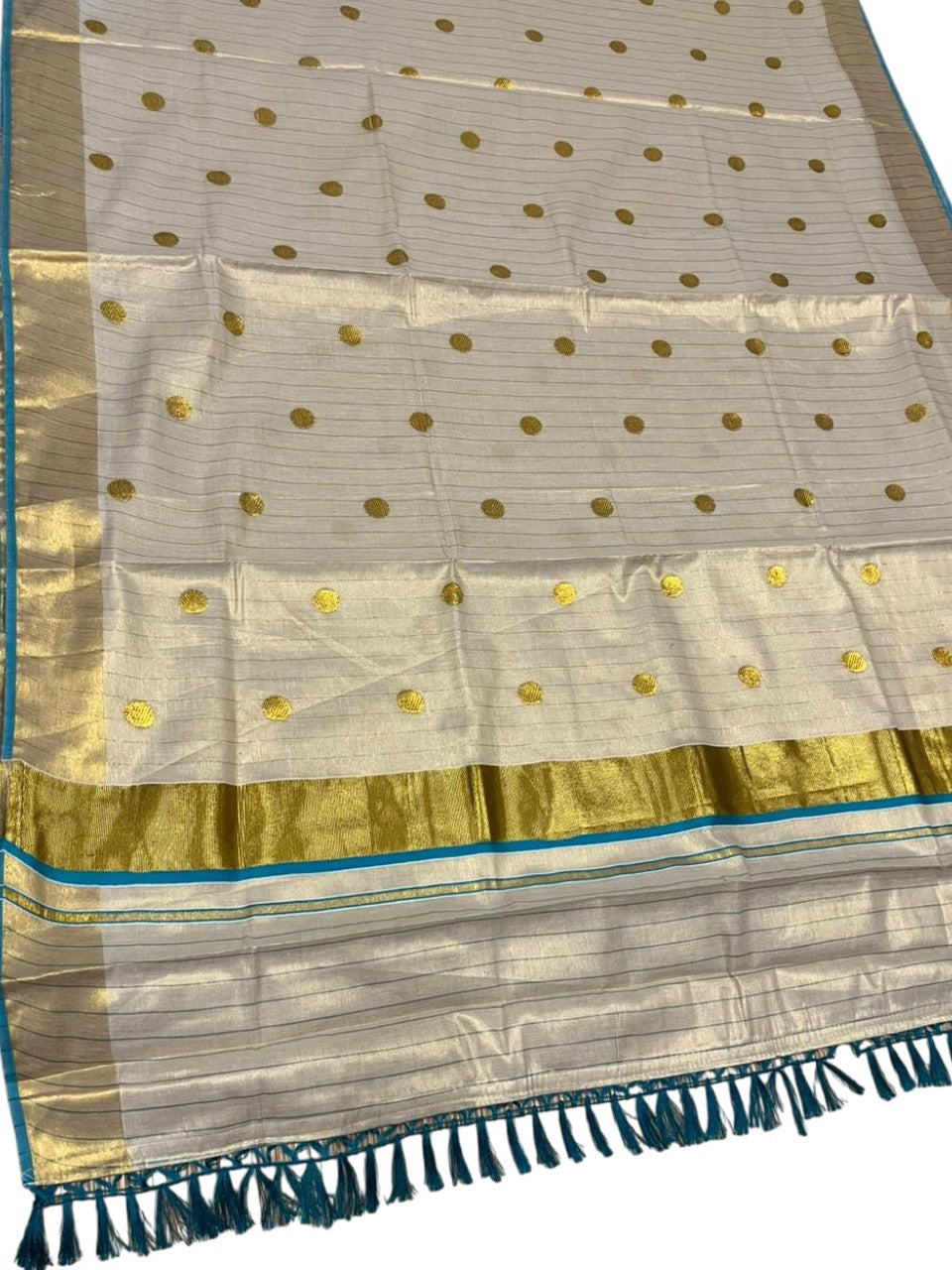 Southloom Kerala Tissue Kasavu Saree with Gold Polka Embroidery Works on Body in Turquoise
