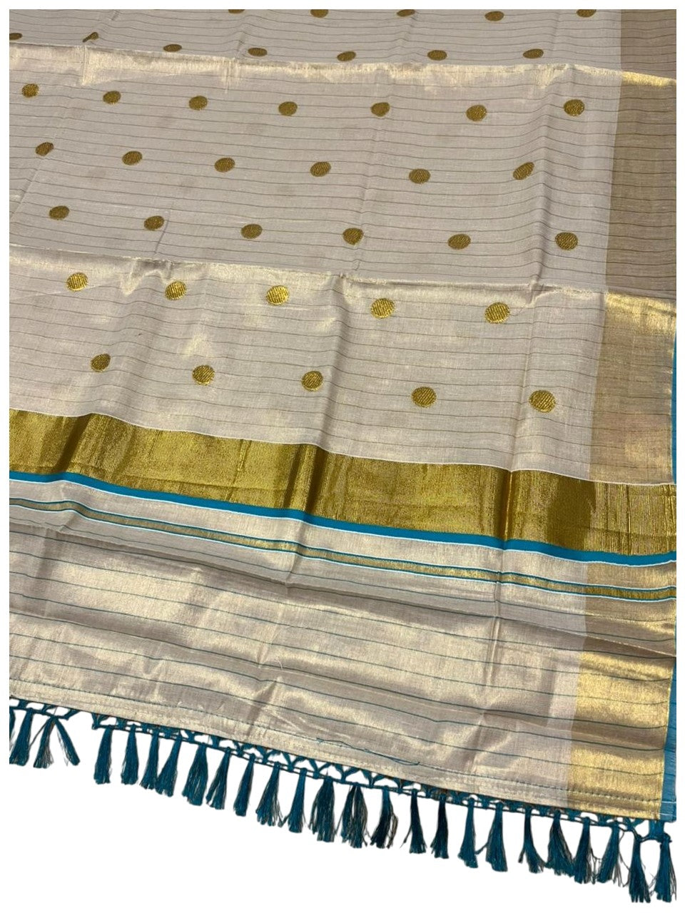 Southloom Kerala Tissue Kasavu Saree with Gold Polka Embroidery Works on Body in Turquoise