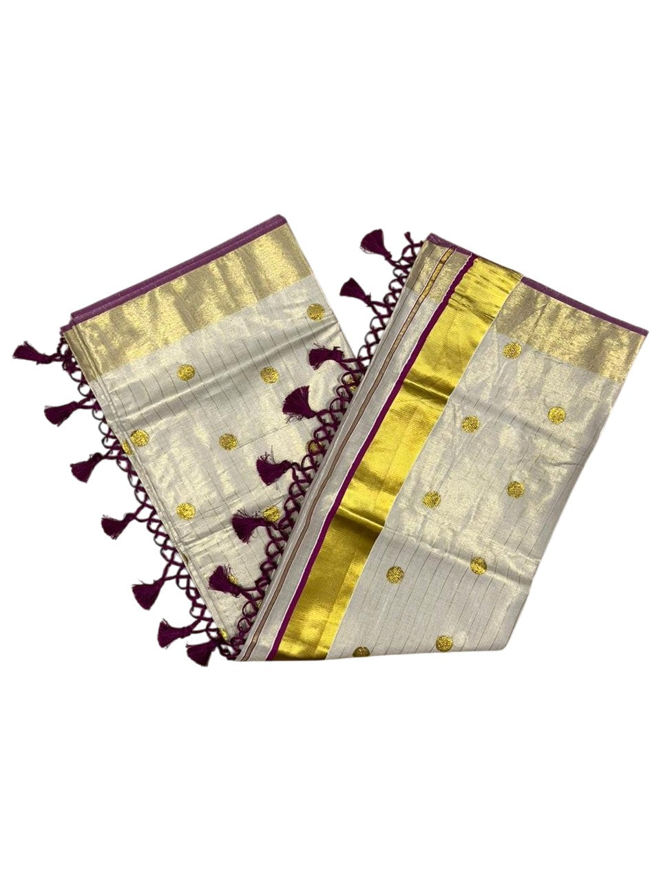 Southloom Kerala Tissue Kasavu Saree with Gold Polka Embroidery Works on Body in Magenta