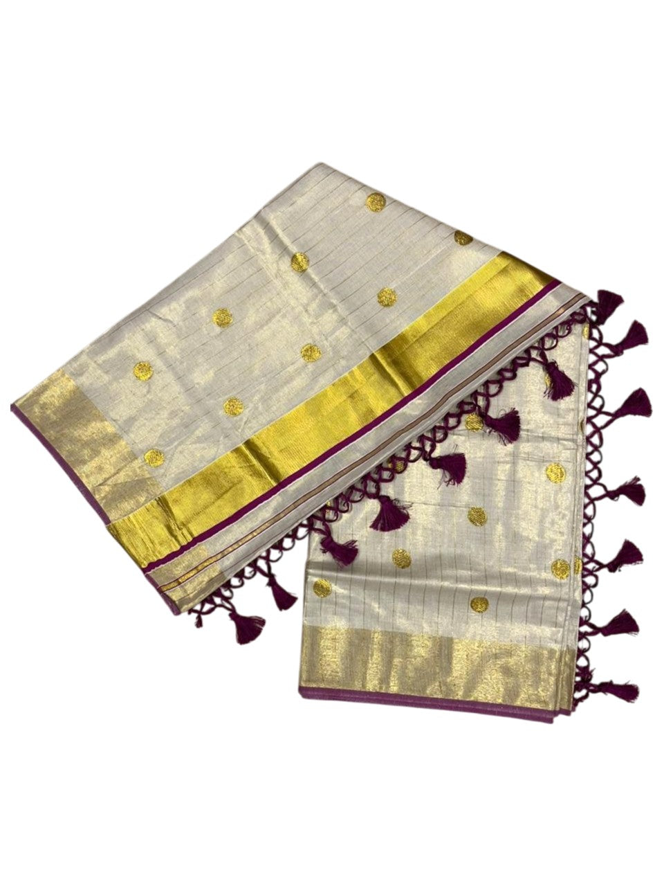 Southloom Kerala Tissue Kasavu Saree with Gold Polka Embroidery Works on Body in Magenta