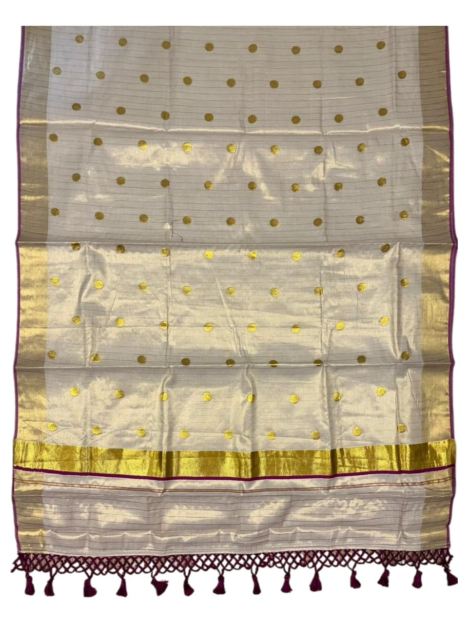 Southloom Kerala Tissue Kasavu Saree with Gold Polka Embroidery Works on Body in Magenta