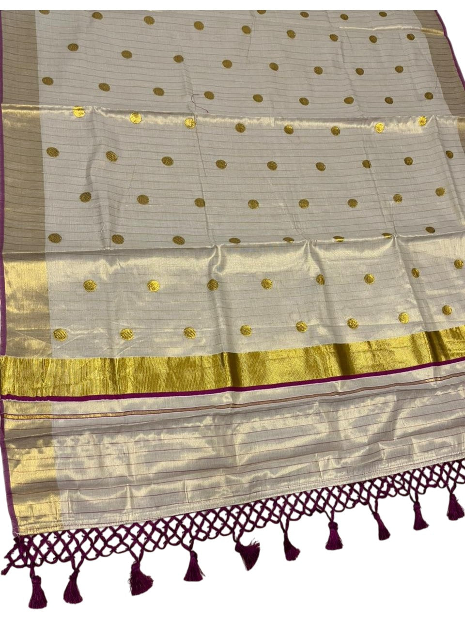 Southloom Kerala Tissue Kasavu Saree with Gold Polka Embroidery Works on Body in Magenta