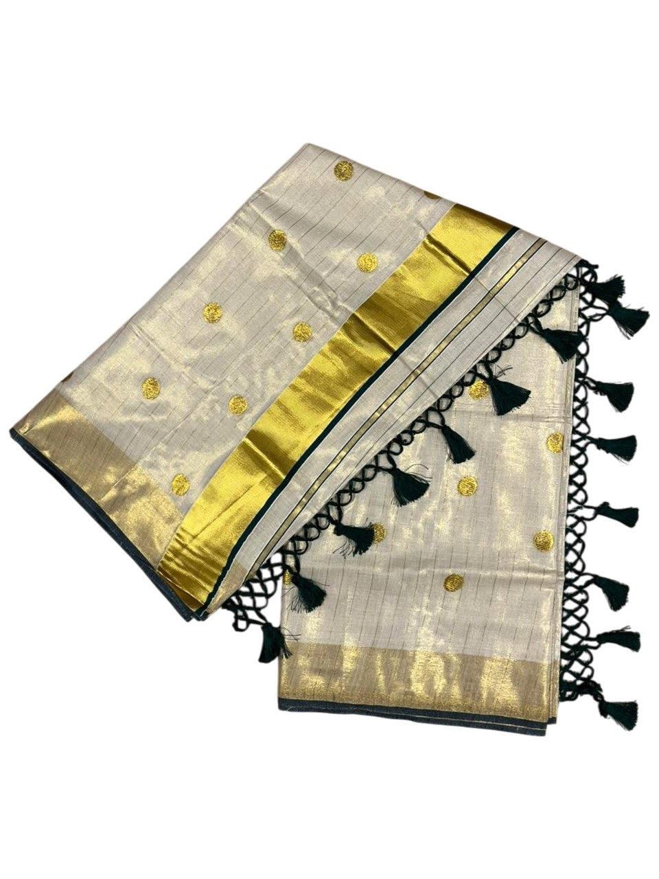 Southloom Kerala Tissue Kasavu Saree with Gold Polka Embroidery Works on Body in Green