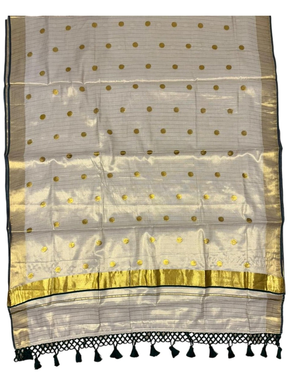 Southloom Kerala Tissue Kasavu Saree with Gold Polka Embroidery Works on Body in Green