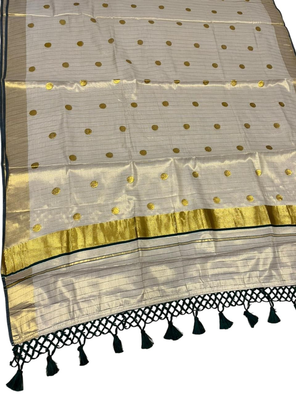 Southloom Kerala Tissue Kasavu Saree with Gold Polka Embroidery Works on Body in Green