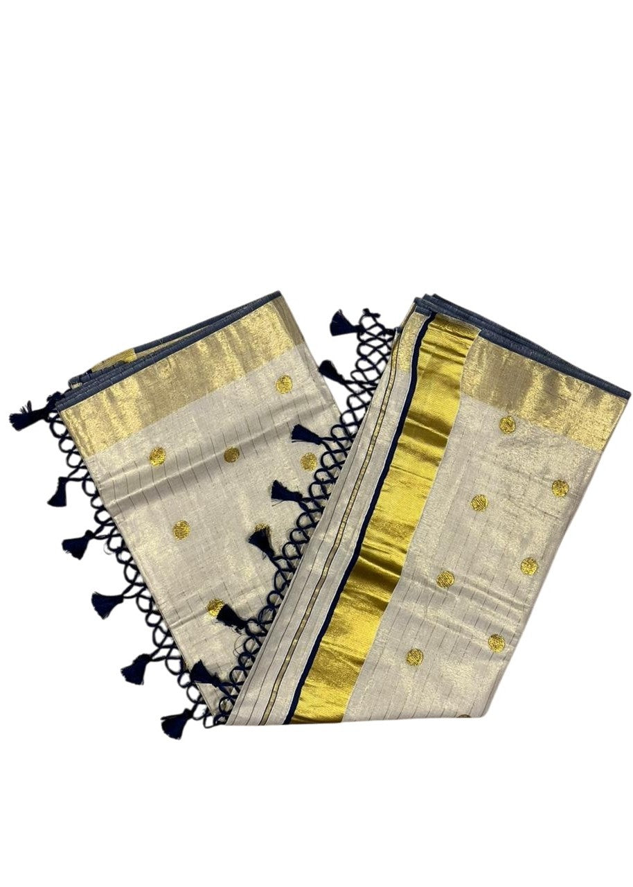 Southloom Kerala Tissue Kasavu Saree with Gold Polka Embroidery Works on Body in Navy Blue