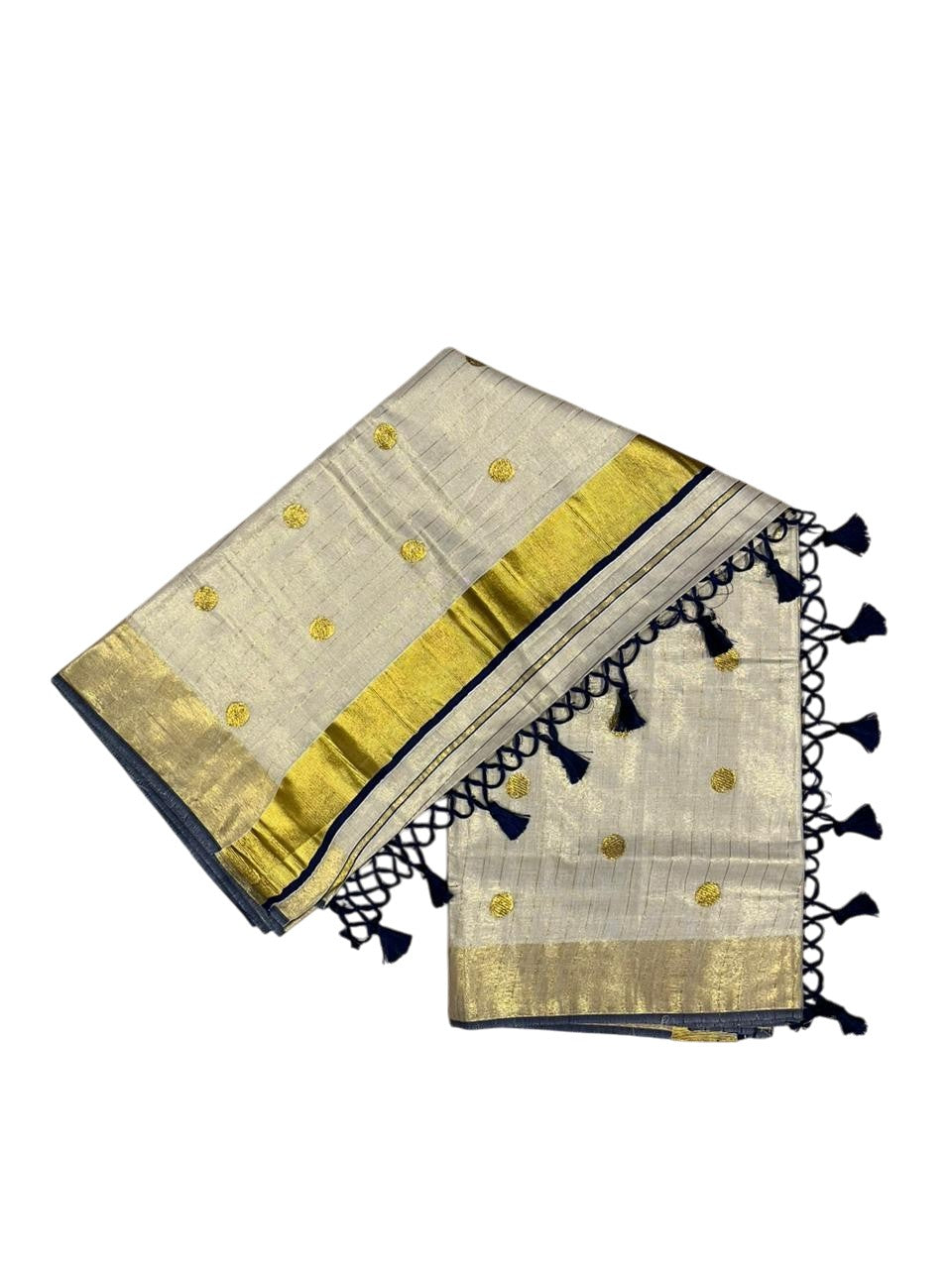 Southloom Kerala Tissue Kasavu Saree with Gold Polka Embroidery Works on Body in Navy Blue