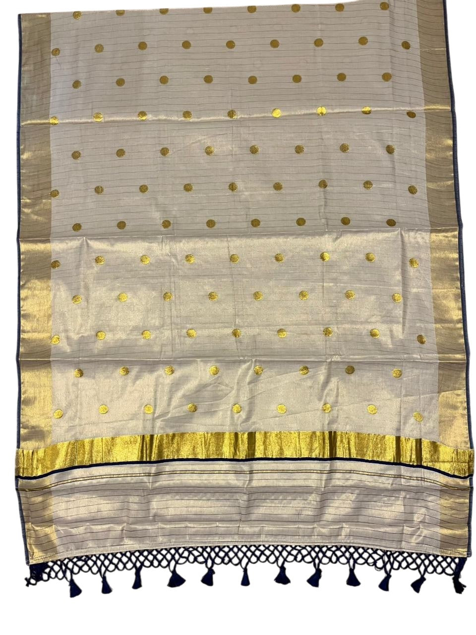 Southloom Kerala Tissue Kasavu Saree with Gold Polka Embroidery Works on Body in Navy Blue