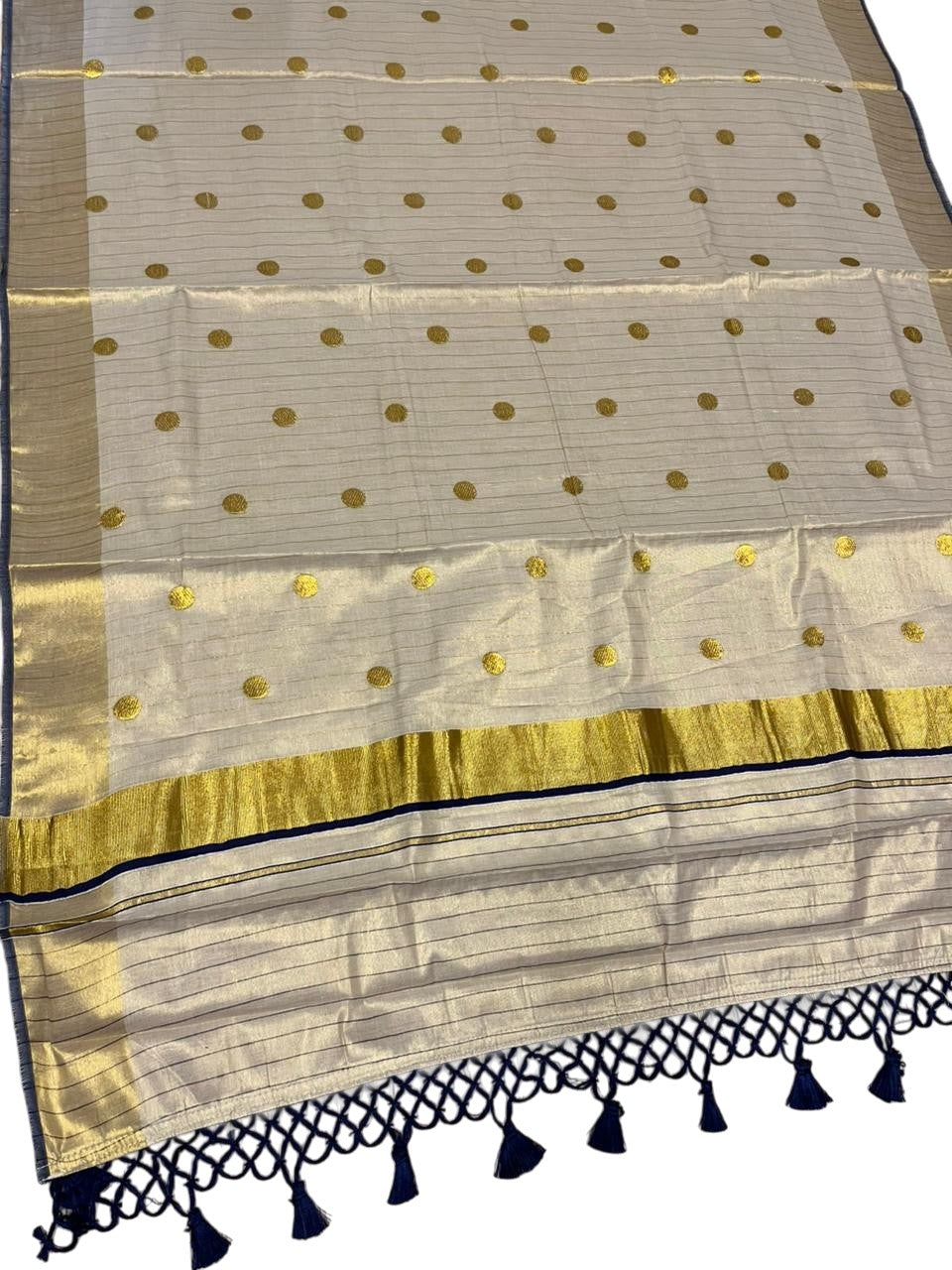Southloom Kerala Tissue Kasavu Saree with Gold Polka Embroidery Works on Body in Navy Blue
