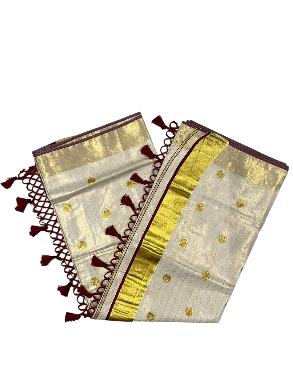 Southloom Kerala Tissue Kasavu Saree with Gold Polka Embroidery Works on Body in Maroon