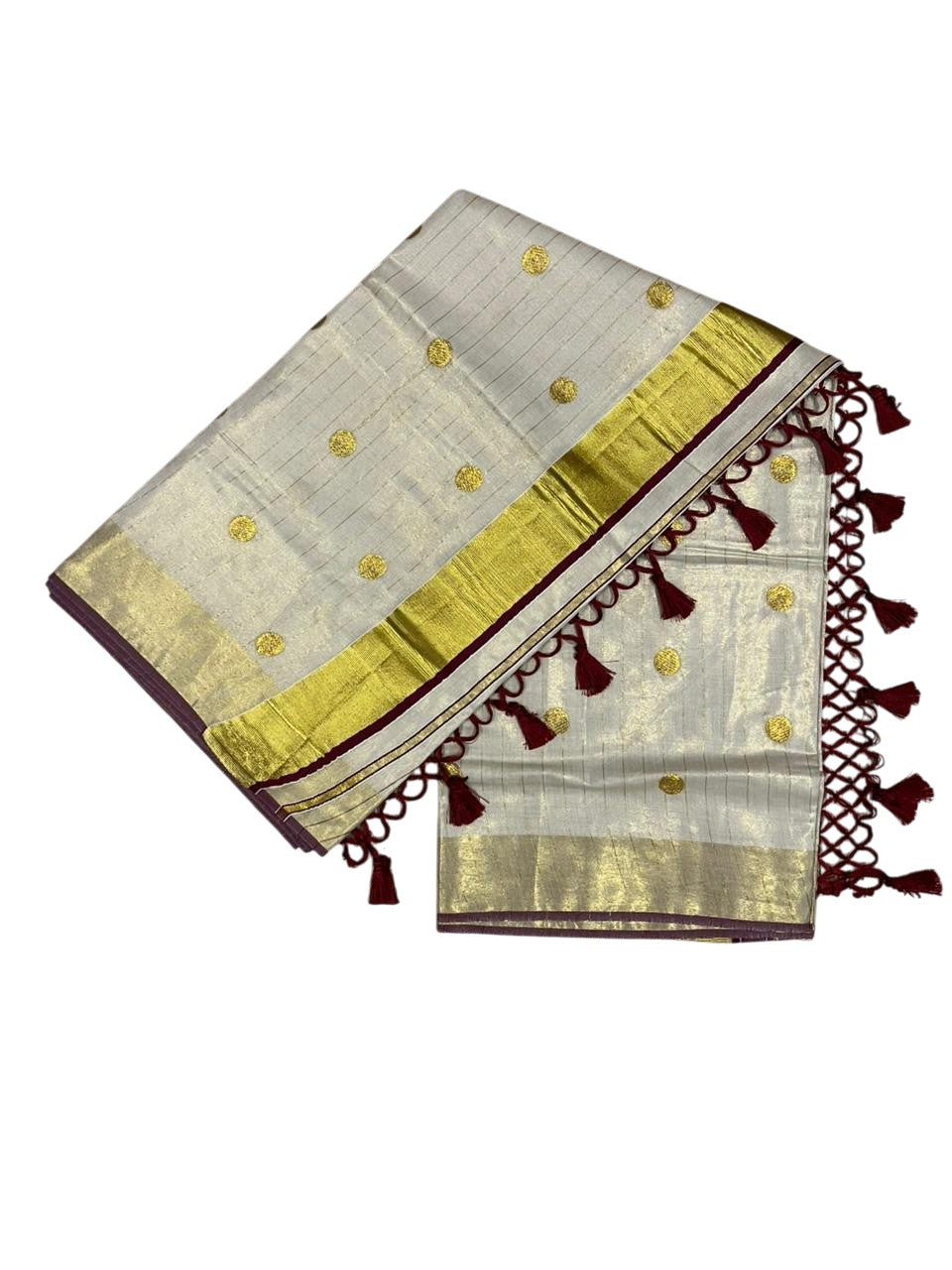 Southloom Kerala Tissue Kasavu Saree with Gold Polka Embroidery Works on Body in Maroon