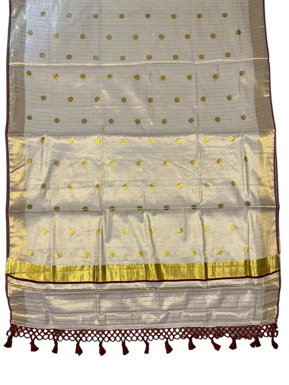 Southloom Kerala Tissue Kasavu Saree with Gold Polka Embroidery Works on Body in Maroon