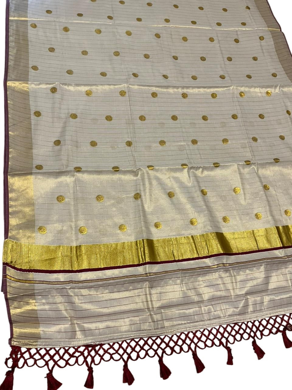 Southloom Kerala Tissue Kasavu Saree with Gold Polka Embroidery Works on Body in Maroon