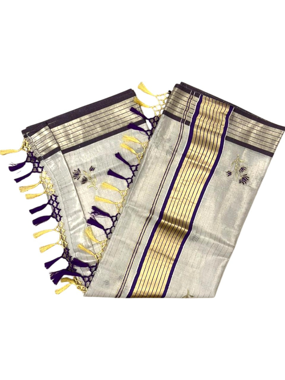 Southloom Kerala Tissue Saree With Violet Floral Embroidery Design SL249
