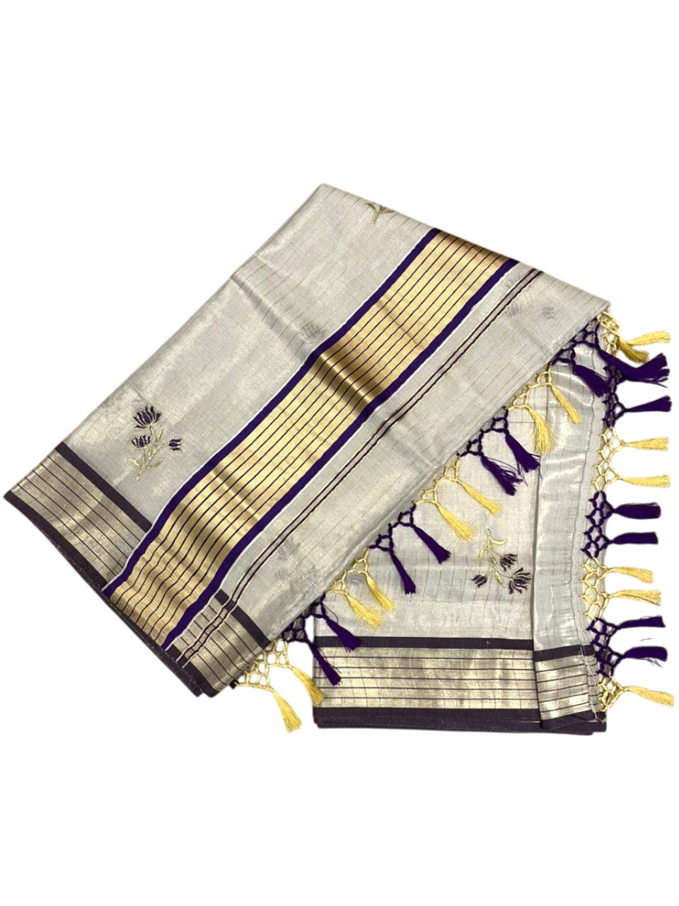 Southloom Kerala Tissue Saree With Violet Floral Embroidery Design SL249