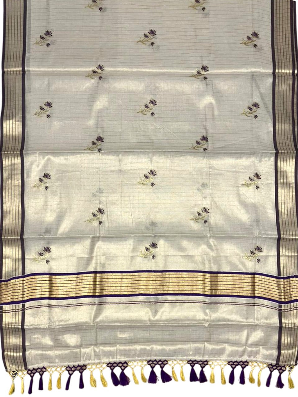 Southloom Kerala Tissue Saree With Violet Floral Embroidery Design SL249