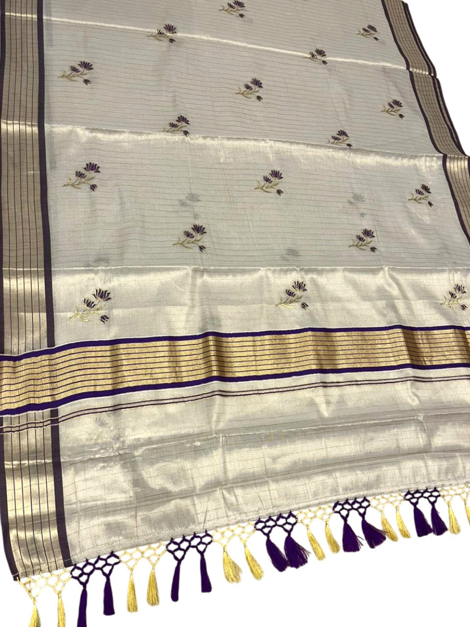 Southloom Kerala Tissue Saree With Violet Floral Embroidery Design SL249