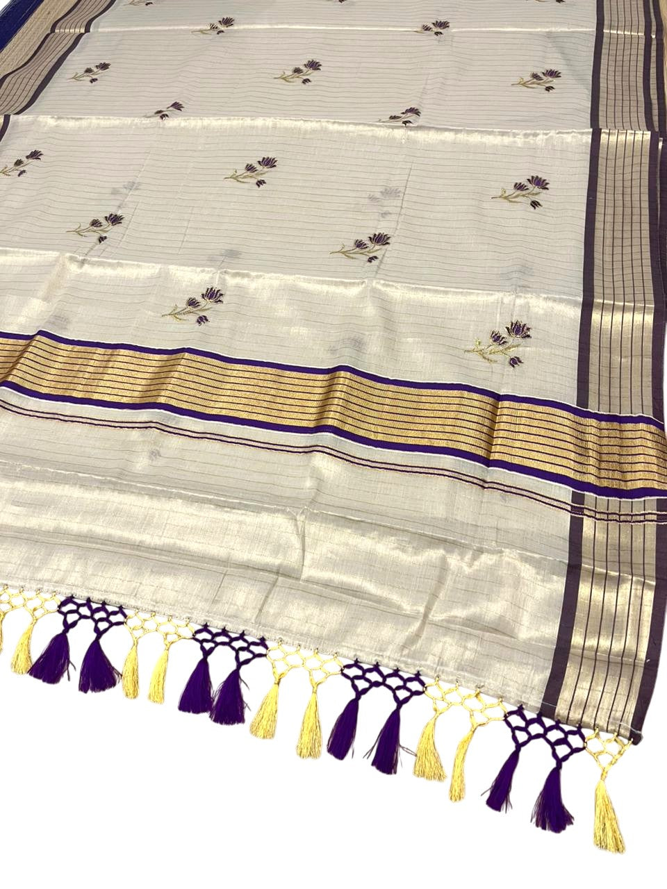 Southloom Kerala Tissue Saree With Violet Floral Embroidery Design SL249