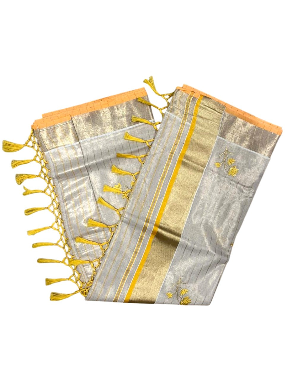 Southloom Kerala Tissue Saree With Yellow Floral Embroidery Design SL249