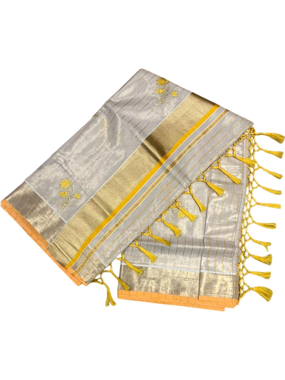 Southloom Kerala Tissue Saree With Yellow Floral Embroidery Design SL249