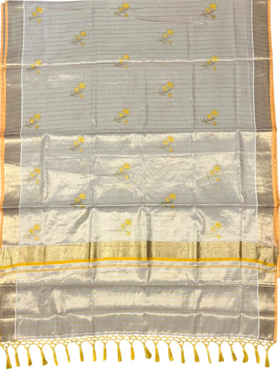 Southloom Kerala Tissue Saree With Yellow Floral Embroidery Design SL249