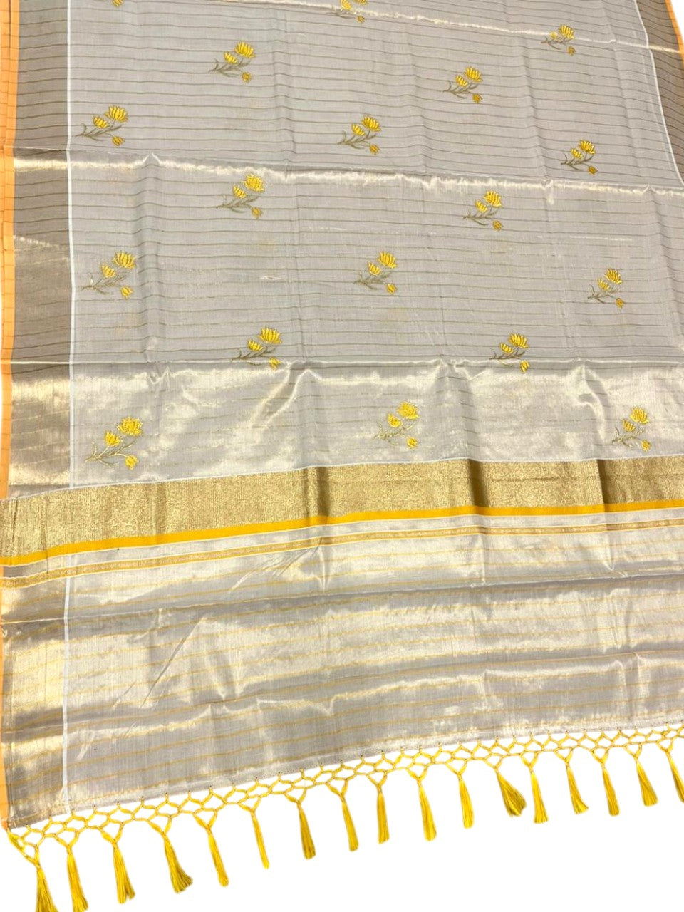 Southloom Kerala Tissue Saree With Yellow Floral Embroidery Design SL249