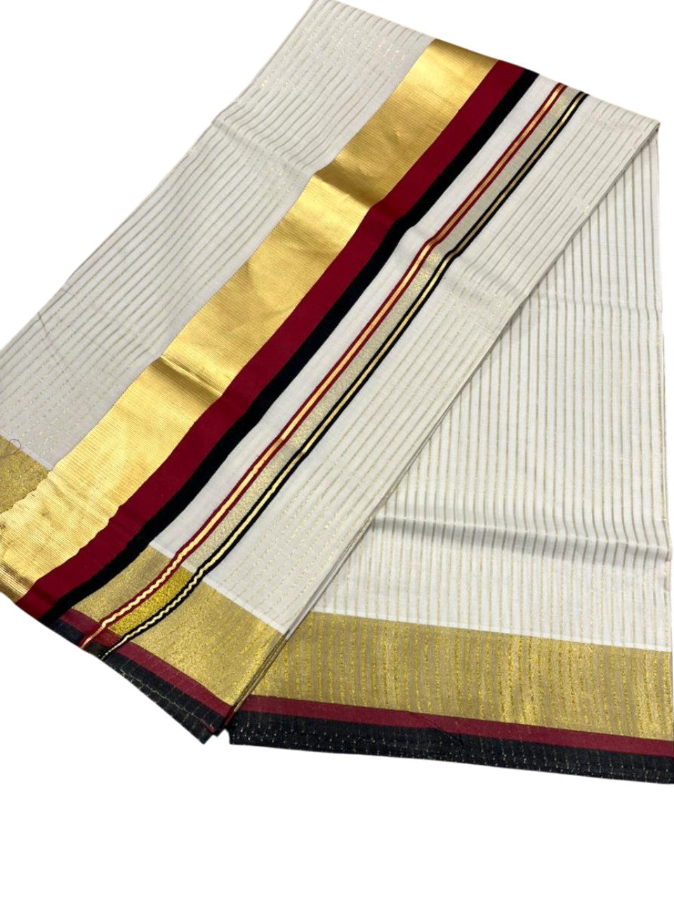 Southloom Kerala Cotton Kasavu Saree with Stripes on Body In Maroon And Black Border