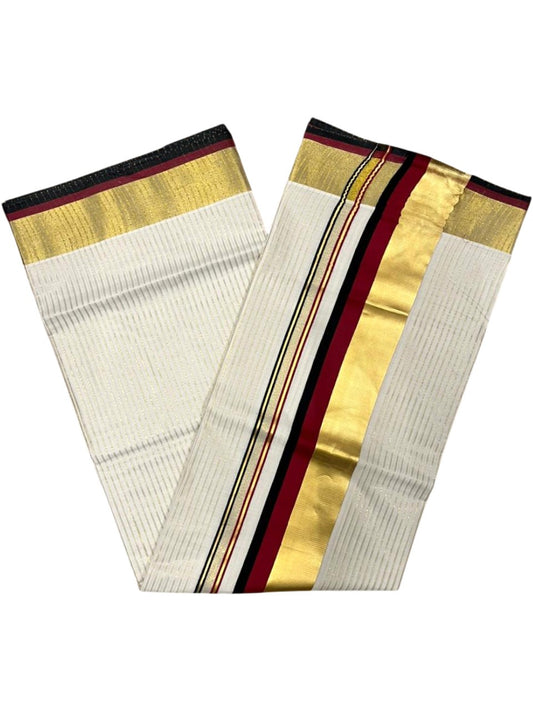 Southloom Kerala Cotton Kasavu Saree with Stripes on Body In Maroon And Black Border