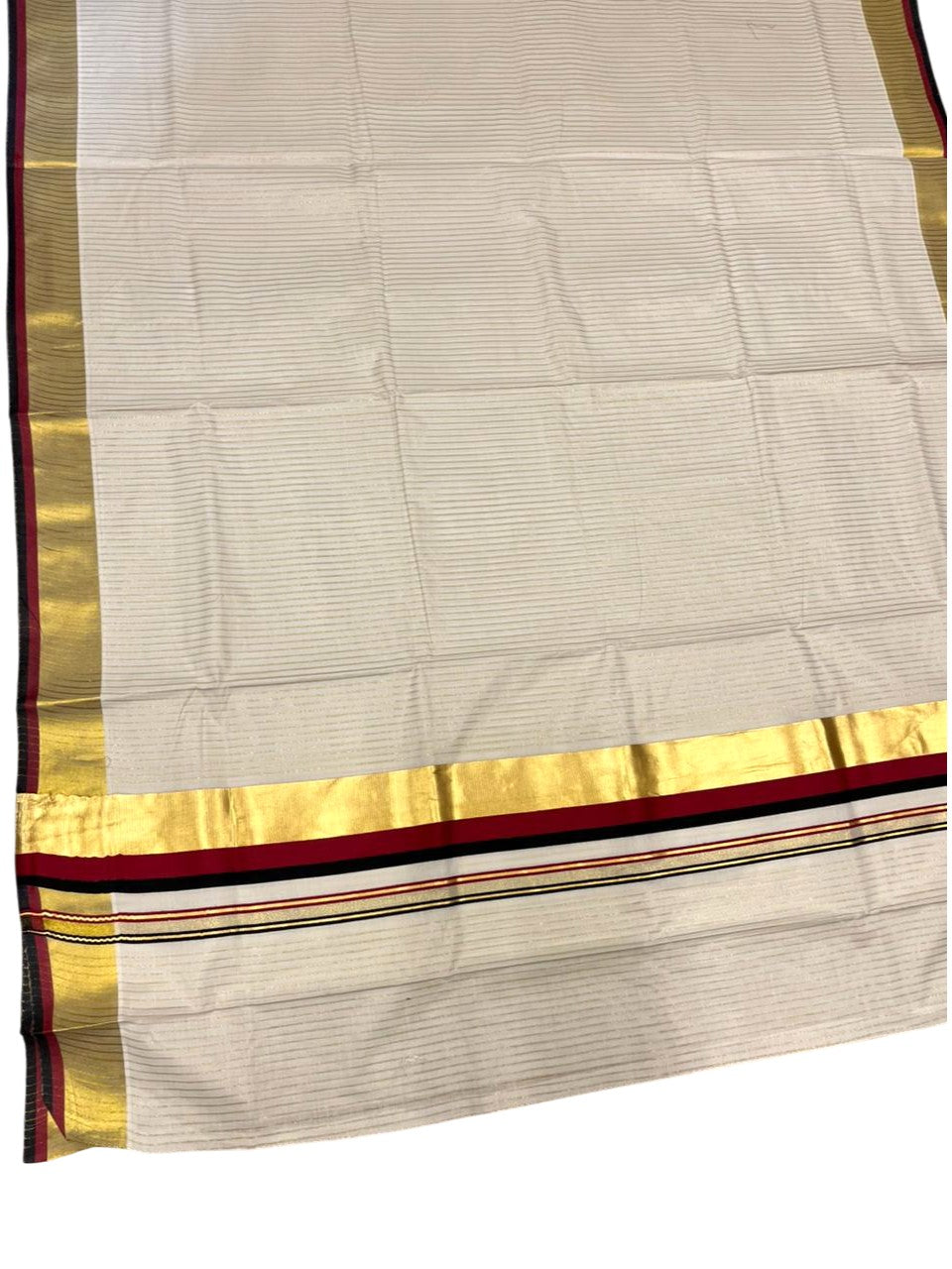 Southloom Kerala Cotton Kasavu Saree with Stripes on Body In Maroon And Black Border