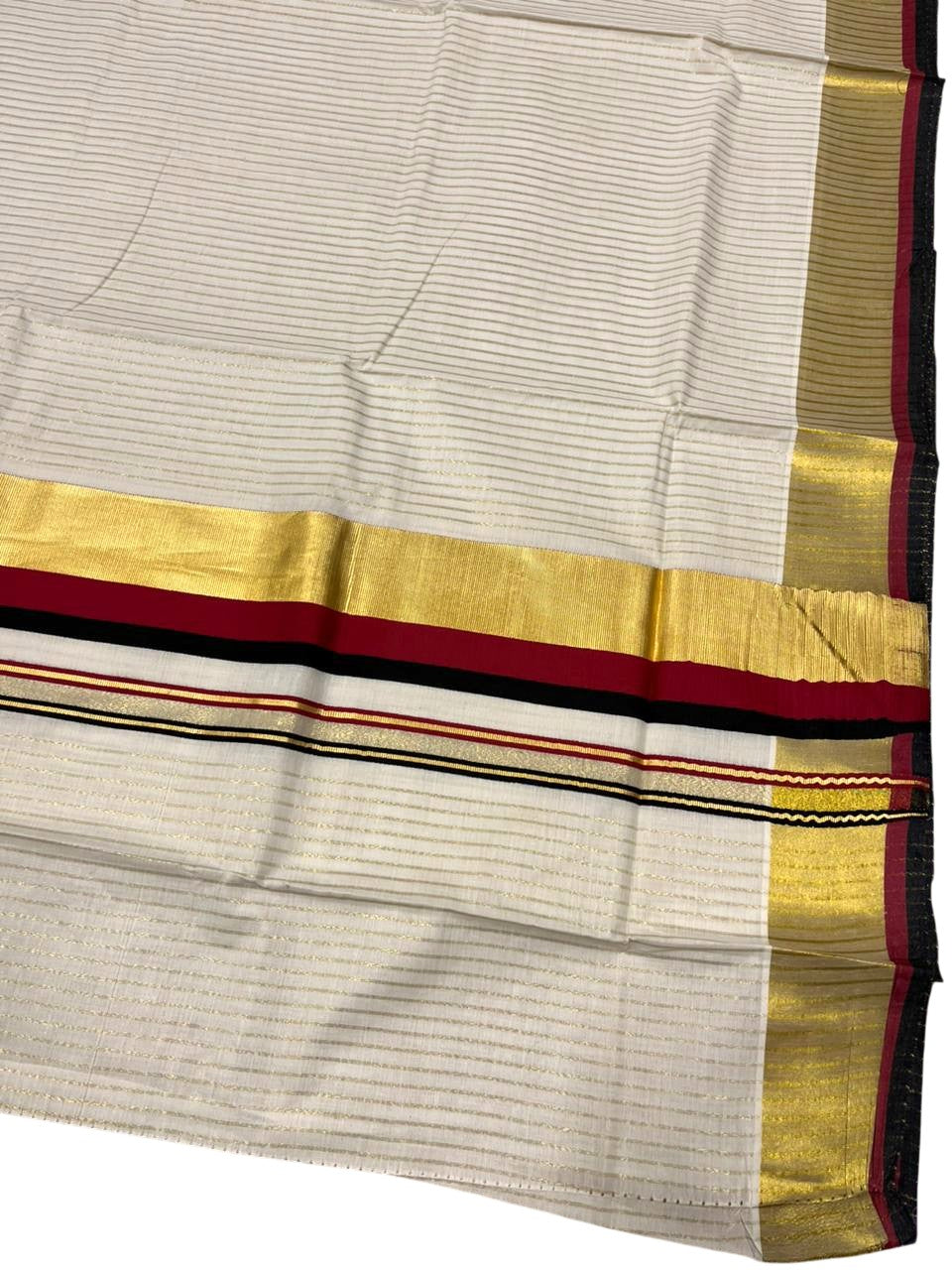 Southloom Kerala Cotton Kasavu Saree with Stripes on Body In Maroon And Black Border
